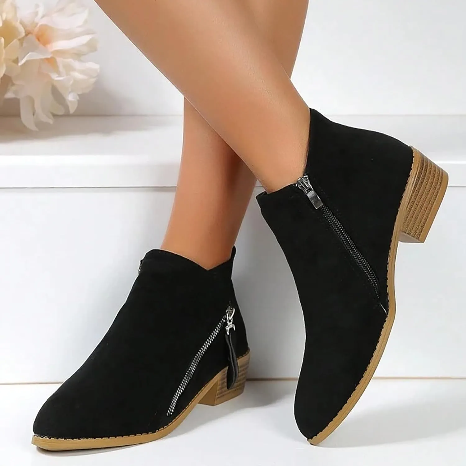 Cathalem Ankle Boots for Women Ankle Booties Vintage Slip on Round Toe Side Zipper Chunky Block Mid Heel Booties Ladies Shoes
