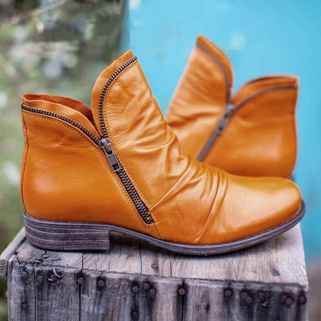 Cathalem Boots for Women 2024 Leather Damping Shoes Low Heel Shoes Retro Casual Zipper Womens Boots Side Zip-up Vintage