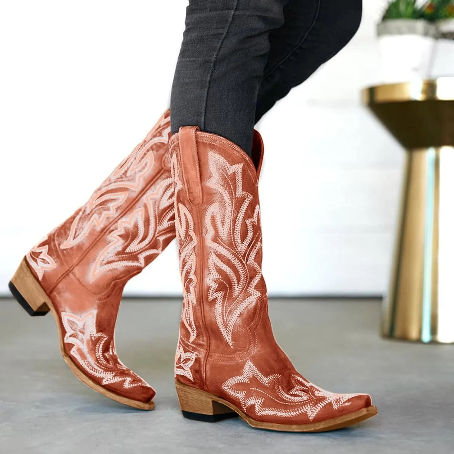 Cathalem Cowboy Boots for Women Mid Calf Cowgirl Boots Chunky Heel Square Toe Embroidery Stitched Western Boots