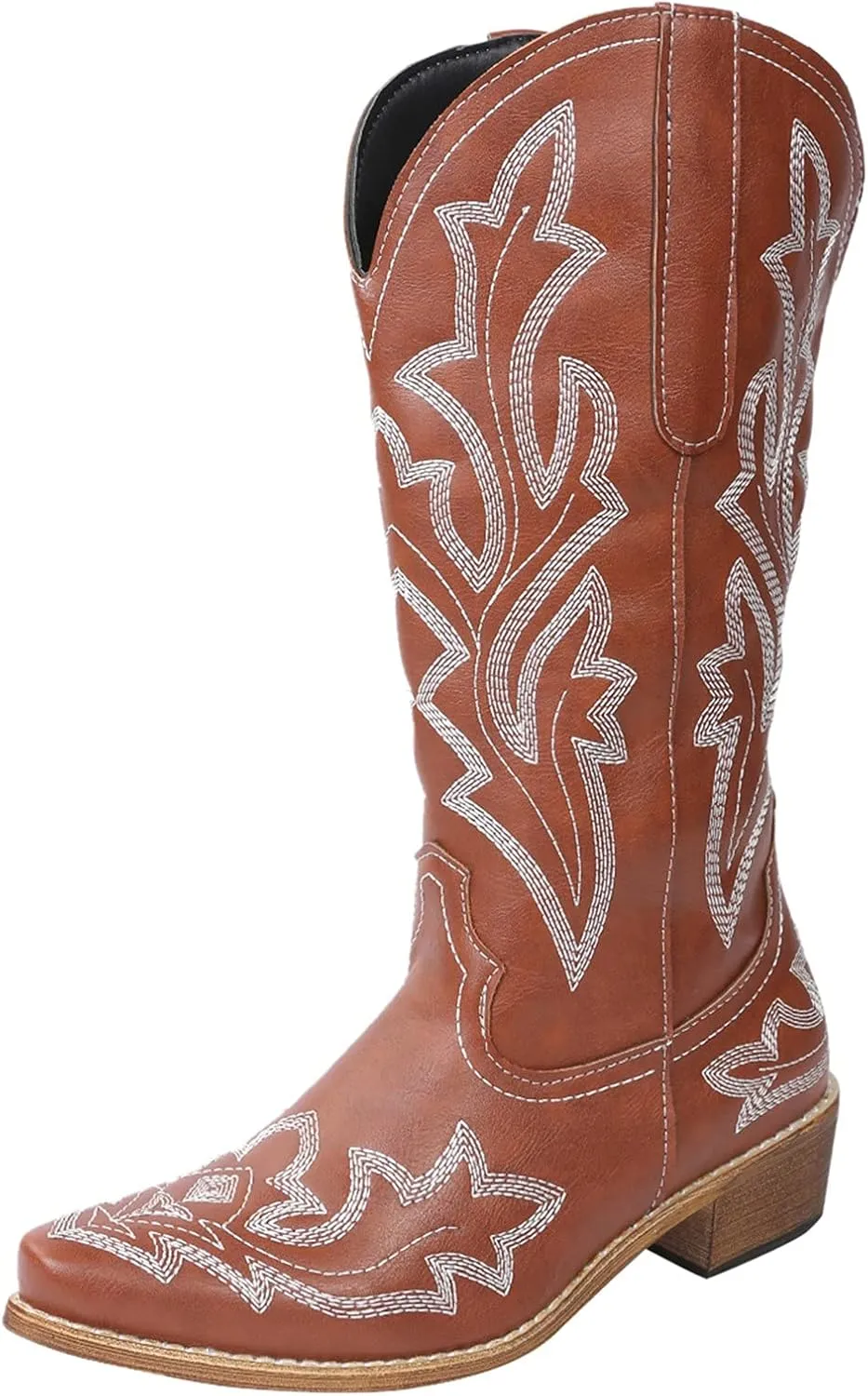 Cathalem Cowboy Boots for Women Mid Calf Cowgirl Boots Chunky Heel Square Toe Embroidery Stitched Western Boots