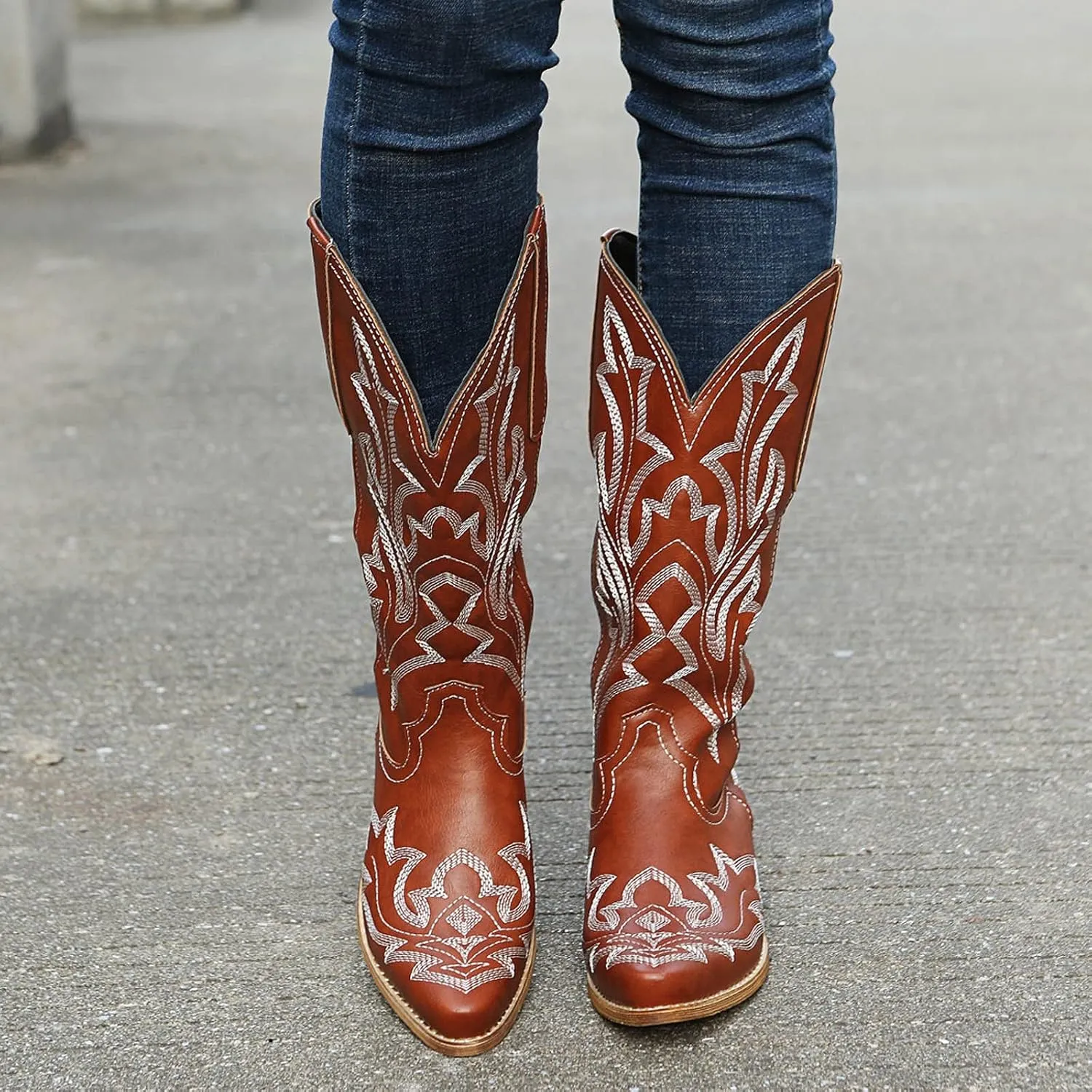 Cathalem Cowboy Boots for Women Mid Calf Cowgirl Boots Chunky Heel Square Toe Embroidery Stitched Western Boots