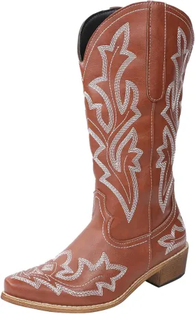 Cathalem Cowboy Boots for Women Mid Calf Cowgirl Boots Chunky Heel Square Toe Embroidery Stitched Western Boots