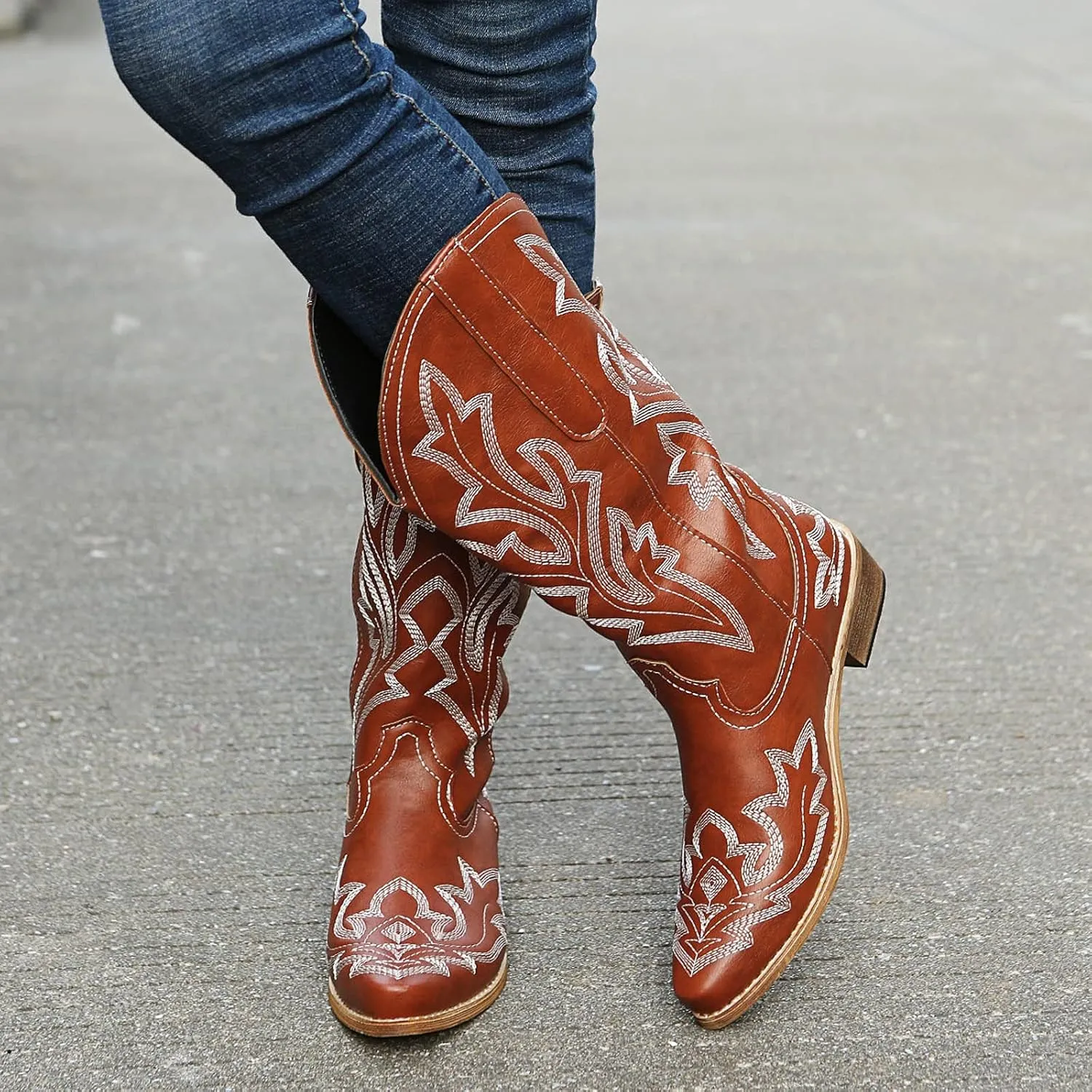 Cathalem Cowboy Boots for Women Mid Calf Cowgirl Boots Chunky Heel Square Toe Embroidery Stitched Western Boots