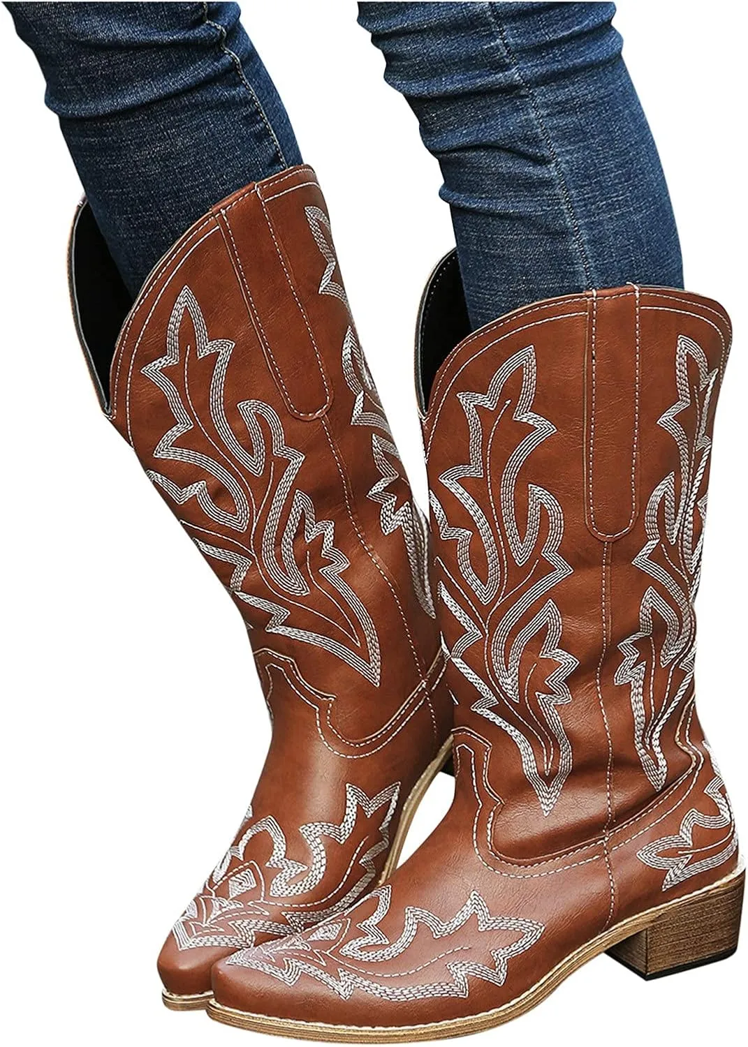 Cathalem Cowboy Boots for Women Mid Calf Cowgirl Boots Chunky Heel Square Toe Embroidery Stitched Western Boots