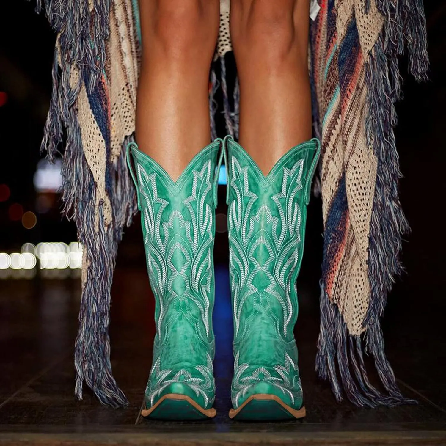 Cathalem Cowgirl Boots for Women Wide Calf Knee High Embroidered Western Cowboy Boots Pointed Toe Chunky Heel Boots