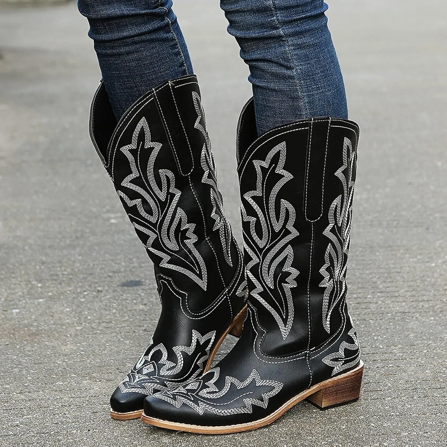 Cathalem Cowgirl Boots for Women Wide Calf Knee High Embroidered Western Cowboy Boots Pointed Toe Chunky Heel Boots