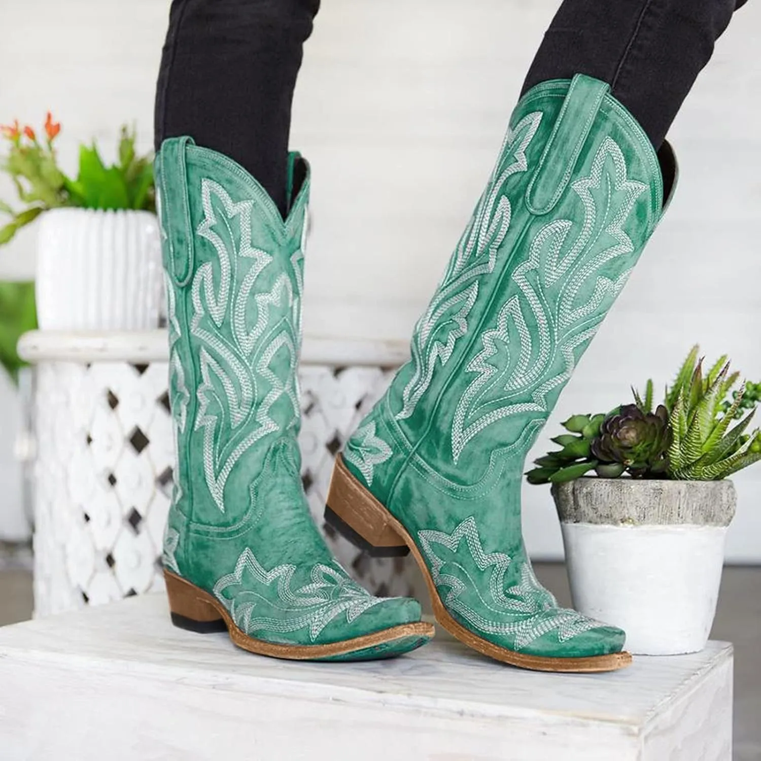 Cathalem Cowgirl Boots for Women Wide Calf Knee High Embroidered Western Cowboy Boots Pointed Toe Chunky Heel Boots