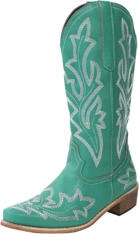 Cathalem Cowgirl Boots for Women Wide Calf Knee High Embroidered Western Cowboy Boots Pointed Toe Chunky Heel Boots