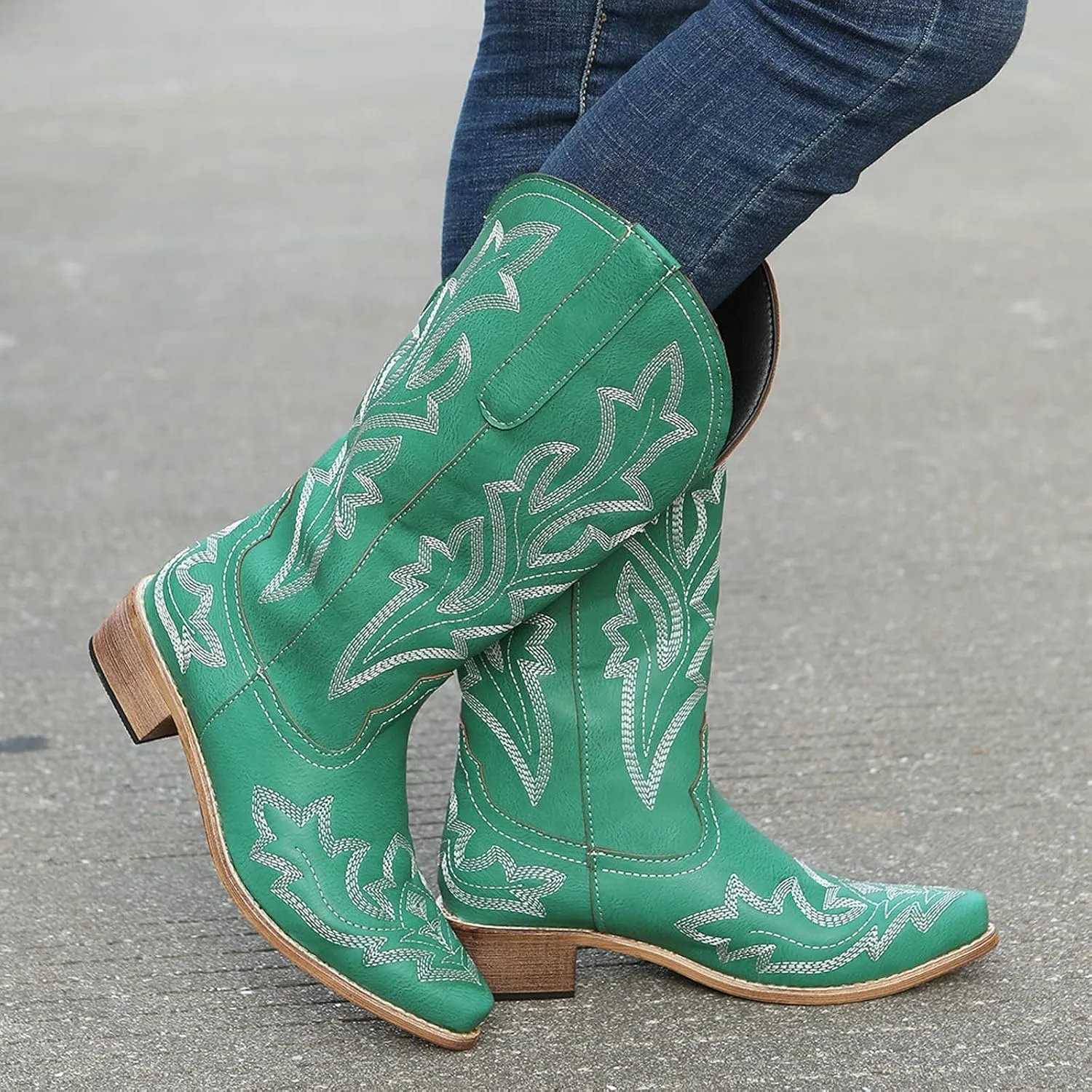 Cathalem Cowgirl Boots for Women Wide Calf Knee High Embroidered Western Cowboy Boots Pointed Toe Chunky Heel Boots