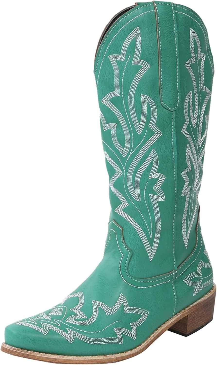 Cathalem Cowgirl Boots for Women Wide Calf Knee High Embroidered Western Cowboy Boots Pointed Toe Chunky Heel Boots