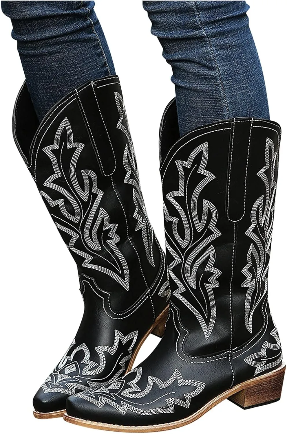 Cathalem Cowgirl Boots for Women Wide Calf Knee High Embroidered Western Cowboy Boots Pointed Toe Chunky Heel Boots