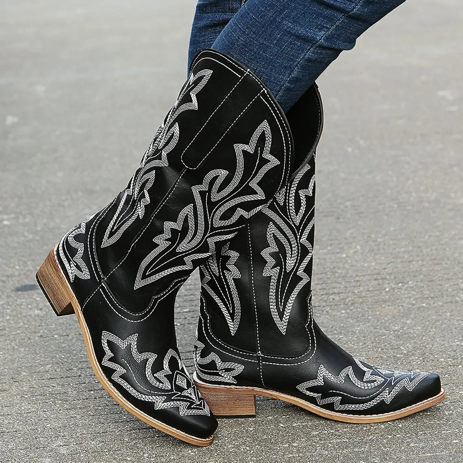 Cathalem Cowgirl Boots for Women Wide Calf Knee High Embroidered Western Cowboy Boots Pointed Toe Chunky Heel Boots