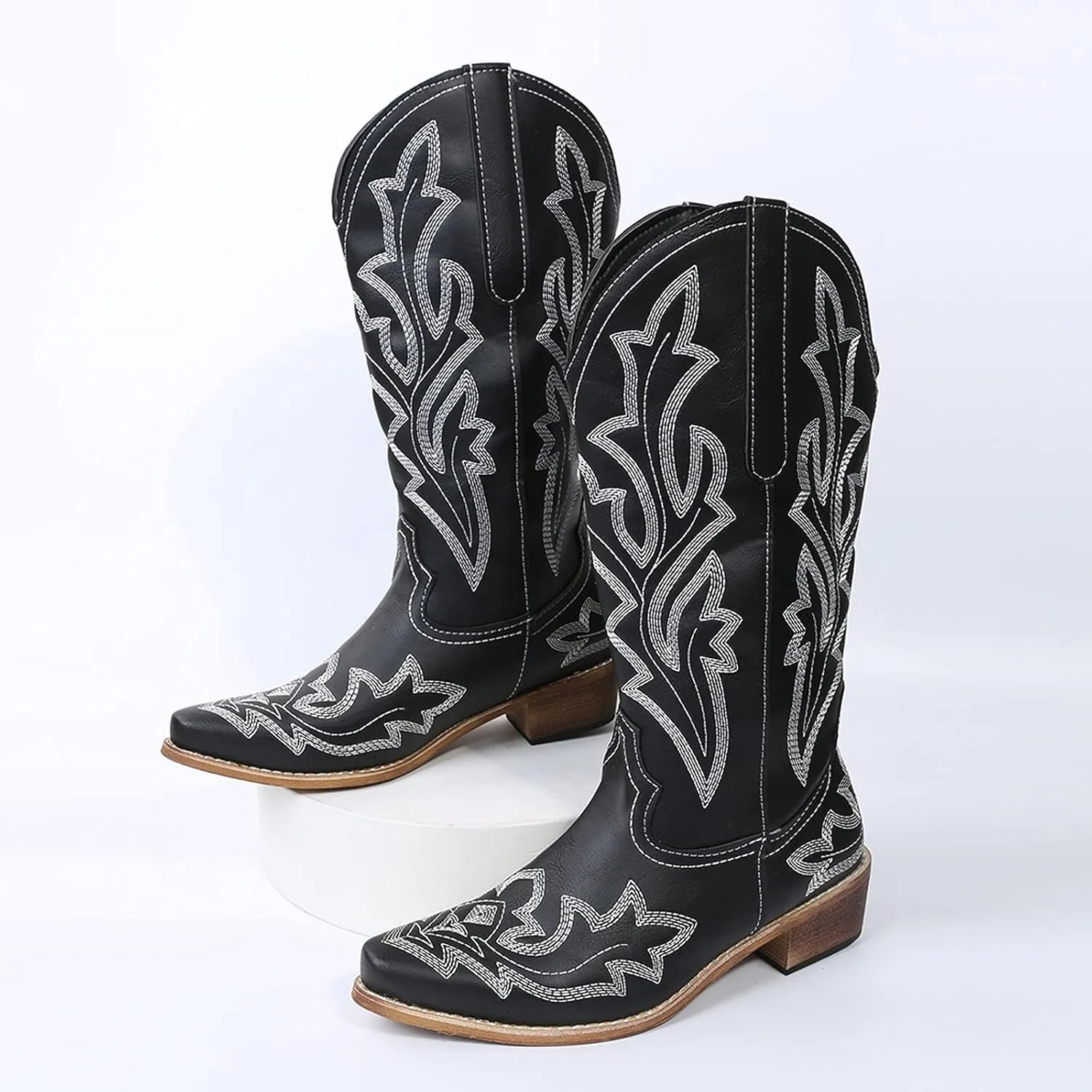Cathalem Cowgirl Boots for Women Wide Calf Knee High Embroidered Western Cowboy Boots Pointed Toe Chunky Heel Boots