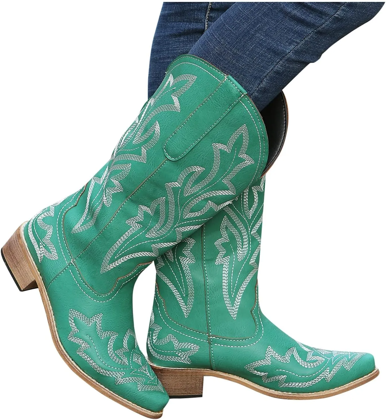Cathalem Cowgirl Boots for Women Wide Calf Knee High Embroidered Western Cowboy Boots Pointed Toe Chunky Heel Boots