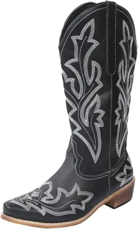 Cathalem Cowgirl Boots for Women Wide Calf Knee High Embroidered Western Cowboy Boots Pointed Toe Chunky Heel Boots
