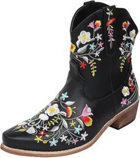 Cathalem Women Flower Embroidered Ankle Cowgirl Boots Square Toe Western Boots Chunky Heel Pull On Short Boots