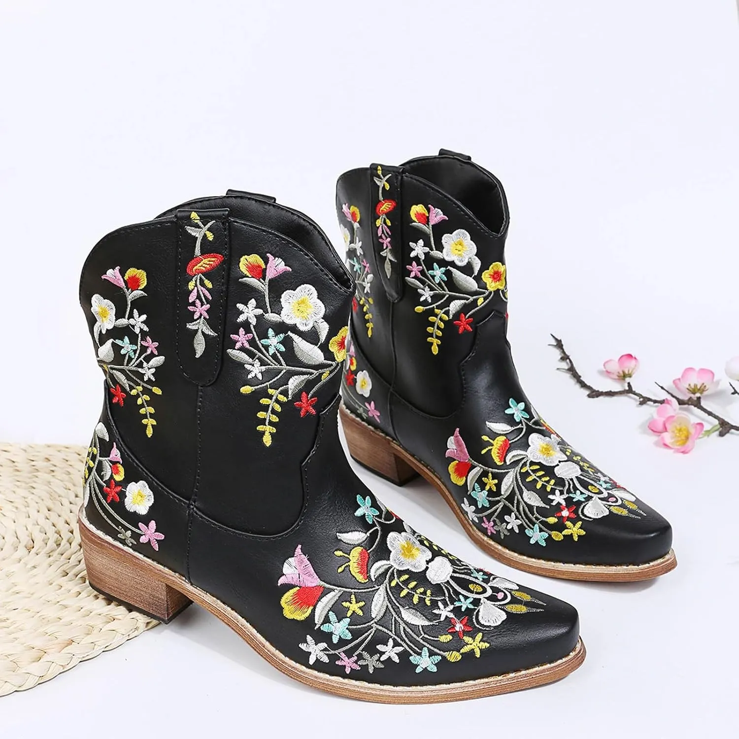 Cathalem Women Flower Embroidered Ankle Cowgirl Boots Square Toe Western Boots Chunky Heel Pull On Short Boots