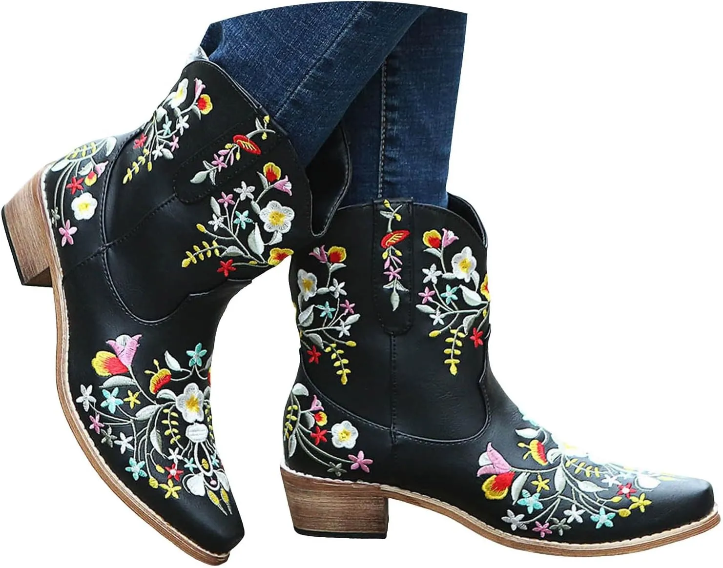 Cathalem Women Flower Embroidered Ankle Cowgirl Boots Square Toe Western Boots Chunky Heel Pull On Short Boots