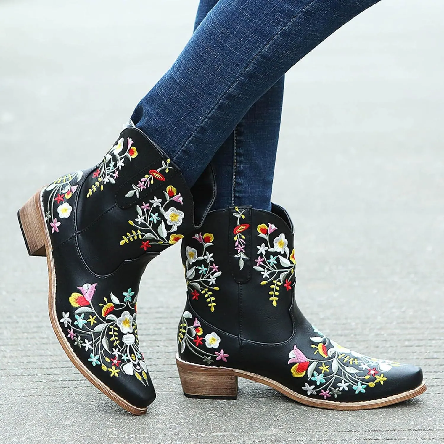 Cathalem Women Flower Embroidered Ankle Cowgirl Boots Square Toe Western Boots Chunky Heel Pull On Short Boots