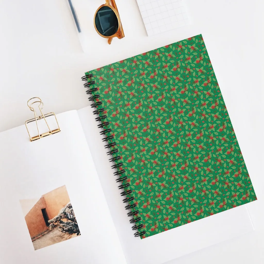Christmas Holly Holiday Green Spiral Journal - Ruled Line