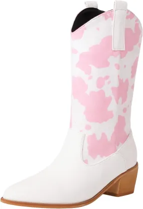 Cozivwaiy Women Mid Calf Cowboy Boots Chunky Heel Half Boots Cow Print Western Boots Plus size (US 4-12.5)