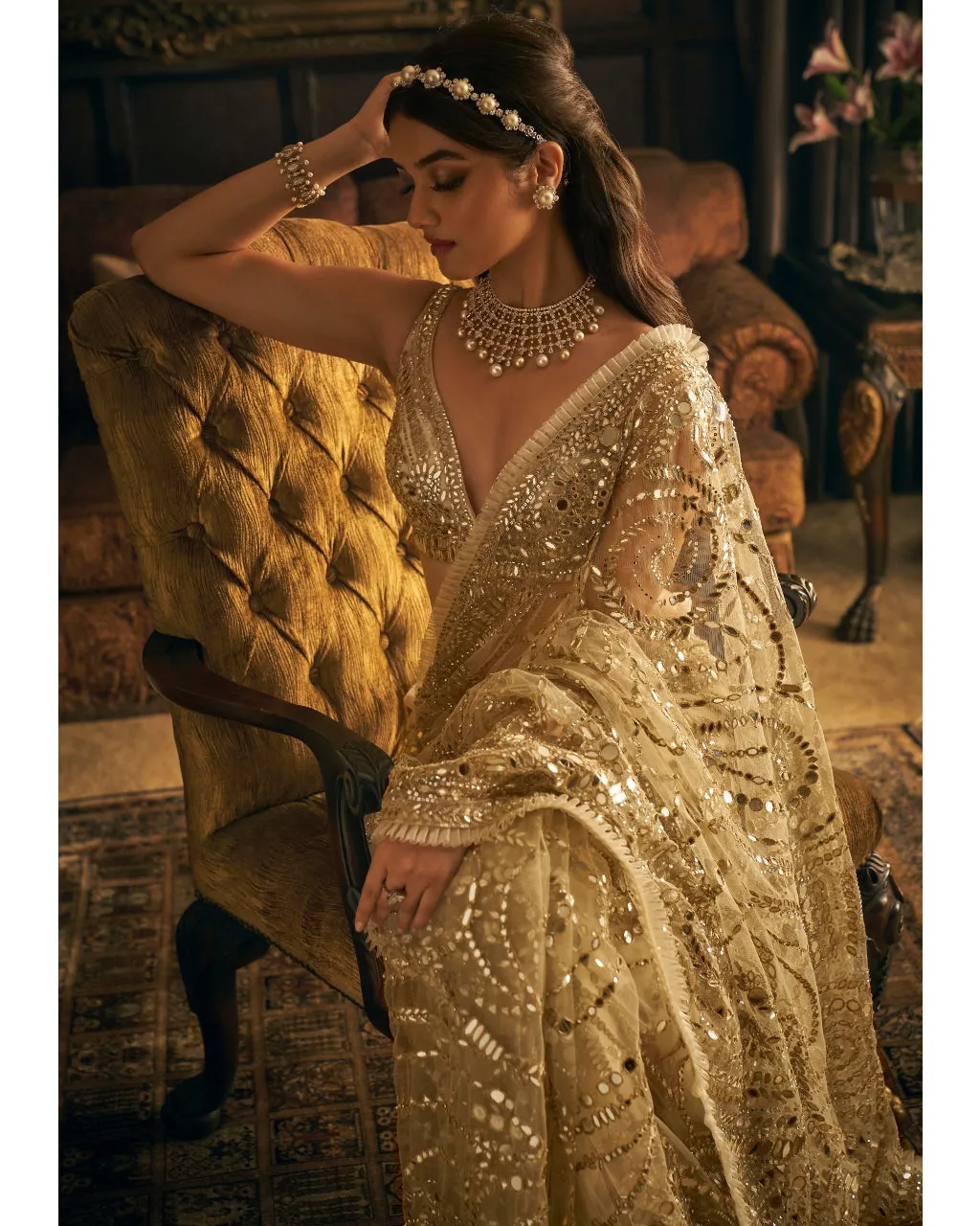 Cream Gold Mirror Work Sari Set
