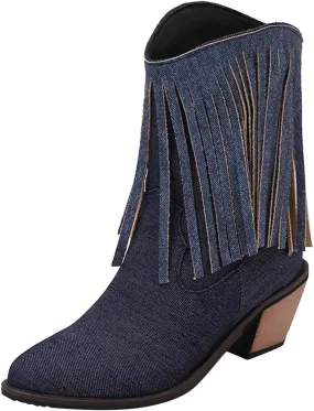 Crzidha Pink Heeled Ankle Boots Wide Calf Cowgirl Cowboy Fringe Boots Chunky Block Stacked Mid Heel Low Calf Ankle Bootie Pointed Toe Suede High Heel Boots for Women Winter Fall Walking Party Shoes