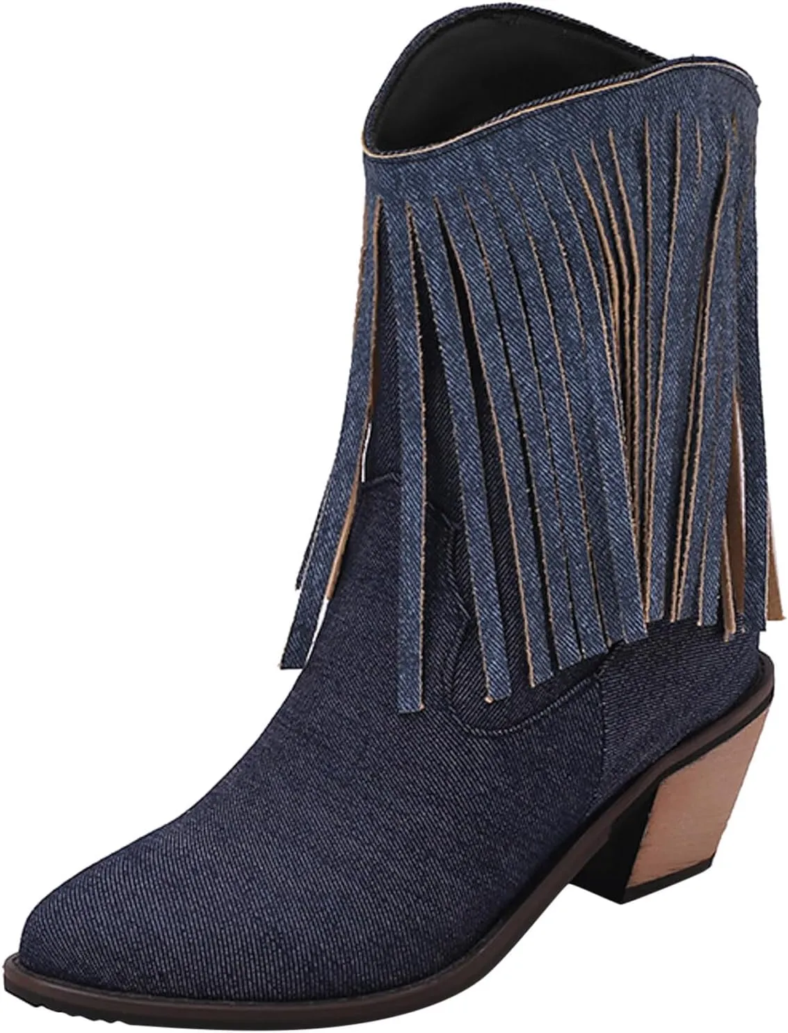 Crzidha Pink Heeled Ankle Boots Wide Calf Cowgirl Cowboy Fringe Boots Chunky Block Stacked Mid Heel Low Calf Ankle Bootie Pointed Toe Suede High Heel Boots for Women Winter Fall Walking Party Shoes