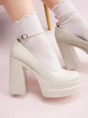 CUCCOO DOLLMOD Women's Shoes Fashion Ankle Strap Pumps Platform Chunky Heeled White Pumps For Summer Graduation Heels Prom Heels Vacation Shoes Summer Sale