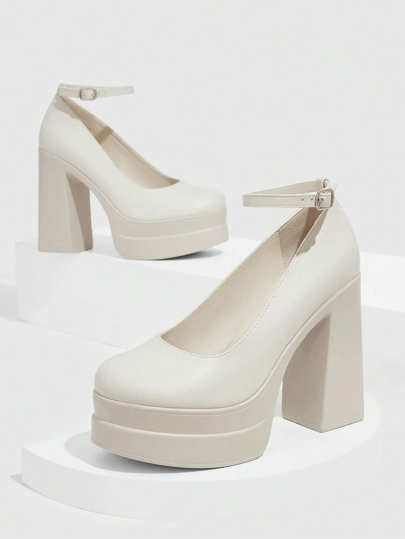 CUCCOO DOLLMOD Women's Shoes Fashion Ankle Strap Pumps Platform Chunky Heeled White Pumps For Summer Graduation Heels Prom Heels Vacation Shoes Summer Sale