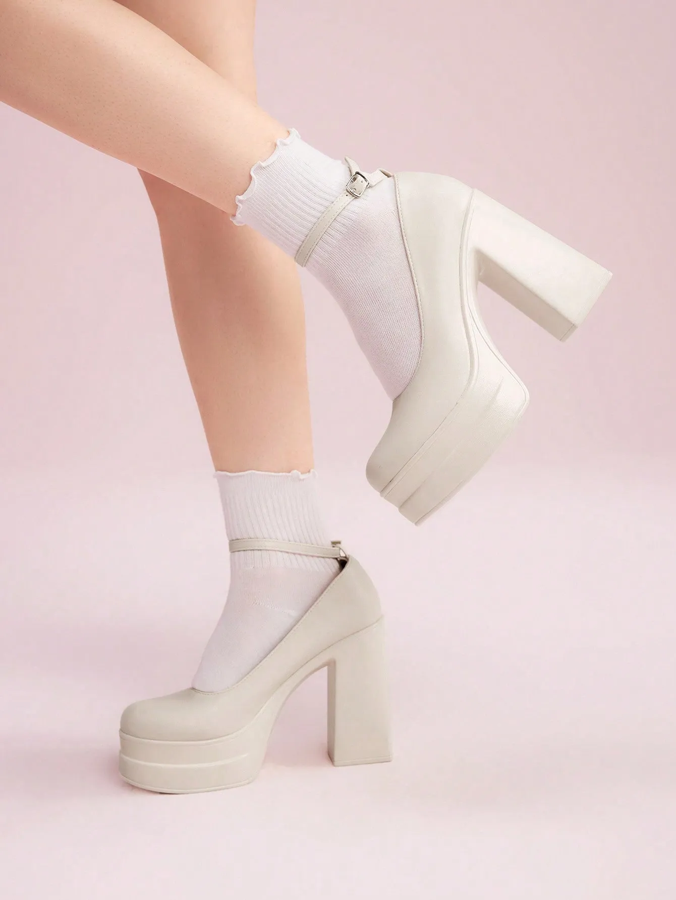 CUCCOO DOLLMOD Women's Shoes Fashion Ankle Strap Pumps Platform Chunky Heeled White Pumps For Summer Graduation Heels Prom Heels Vacation Shoes Summer Sale