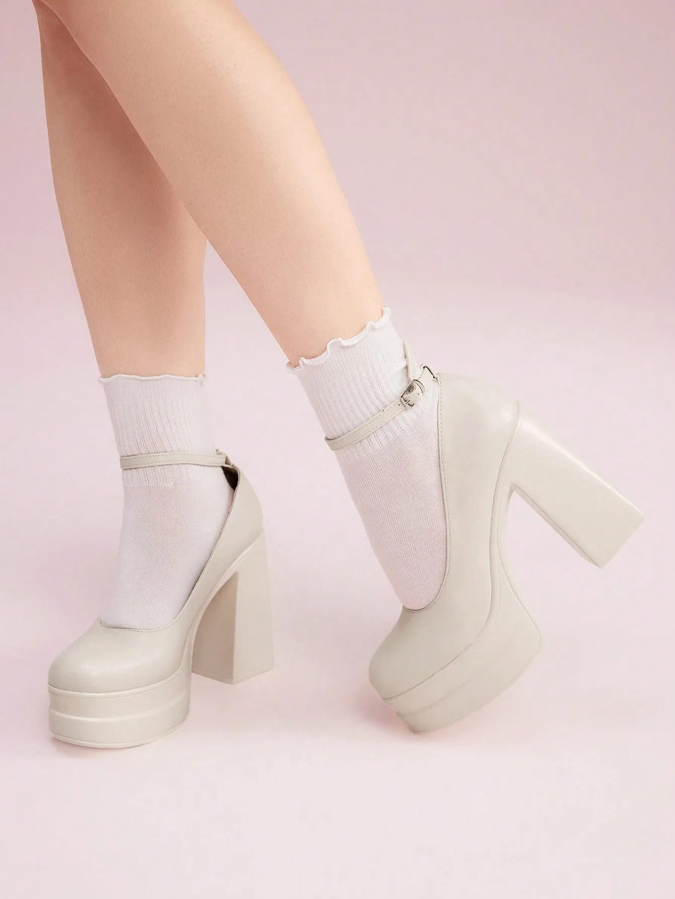 CUCCOO DOLLMOD Women's Shoes Fashion Ankle Strap Pumps Platform Chunky Heeled White Pumps For Summer Graduation Heels Prom Heels Vacation Shoes Summer Sale