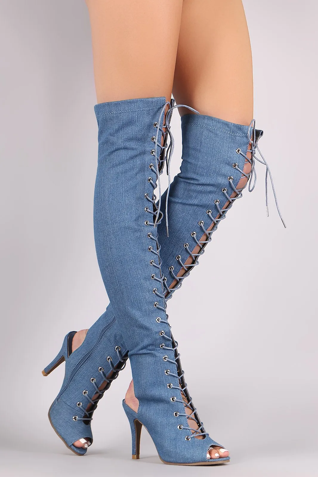 Denim Peep Toe Lace Up Heeled Over-The-Knee Boots