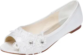 Emily Bridal Wedding Shoes Women's Satin Flat Heel Peep Toe with Crystal Heel Crystal