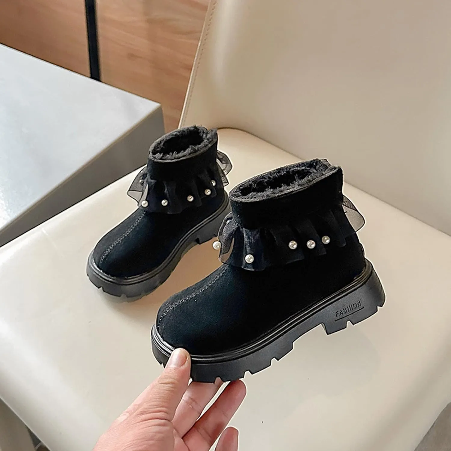 Girls Boots Kids Winter Faux Fr Warm Snow Ankle Kid's Bow Boots For Toddler/Little Kid Slip On Outdoor Winter Shoes