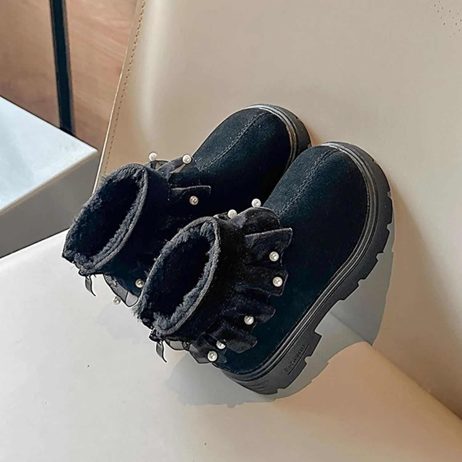 Girls Boots Kids Winter Faux Fr Warm Snow Ankle Kid's Bow Boots For Toddler/Little Kid Slip On Outdoor Winter Shoes
