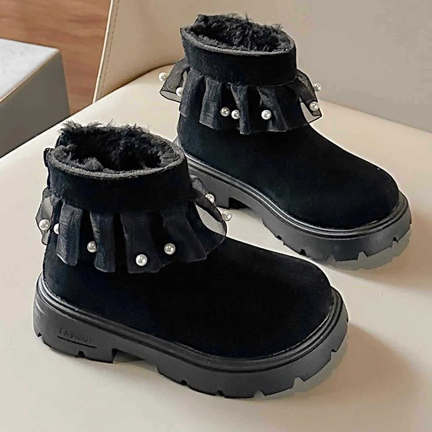 Girls Boots Kids Winter Faux Fr Warm Snow Ankle Kid's Bow Boots For Toddler/Little Kid Slip On Outdoor Winter Shoes