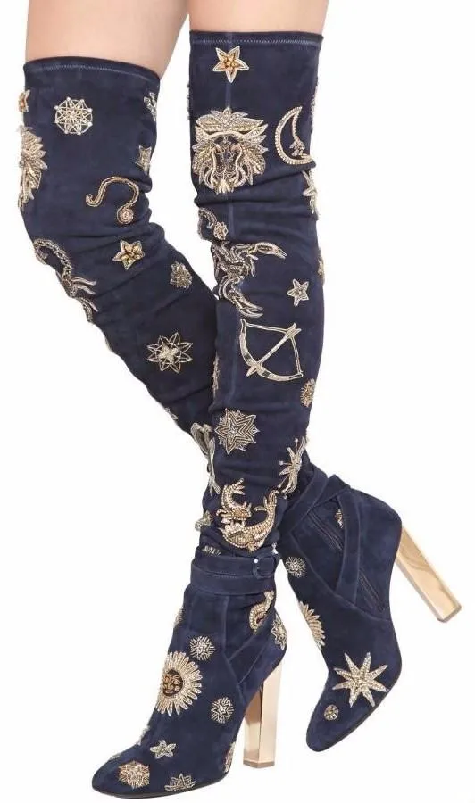 Gold Threaded Zodiac Over-the-Knee Boots