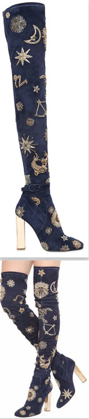 Gold Threaded Zodiac Over-the-Knee Boots
