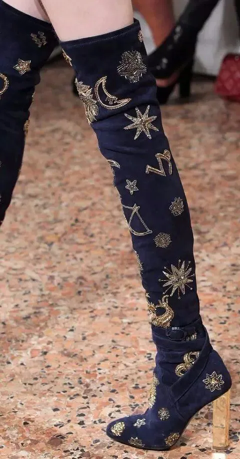 Gold Threaded Zodiac Over-the-Knee Boots