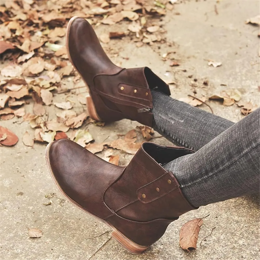 JFISQ Low Chunky Heel Western Boots Round Toe Flats Platform Boots Wide Fit Walking Boots Womens Ankle Boots Fashion Ladies Shoes Waterproof Retro Cowboy Boots for Ladies Boots