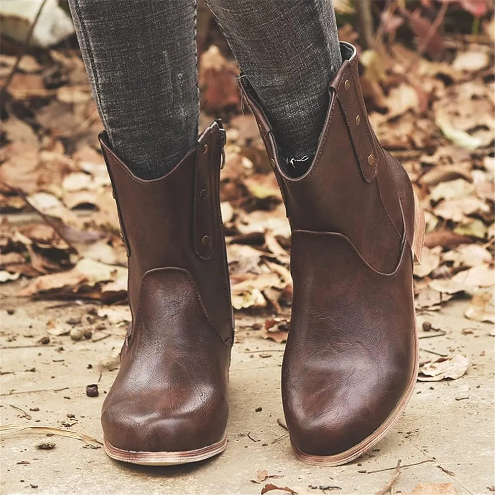JFISQ Low Chunky Heel Western Boots Round Toe Flats Platform Boots Wide Fit Walking Boots Womens Ankle Boots Fashion Ladies Shoes Waterproof Retro Cowboy Boots for Ladies Boots