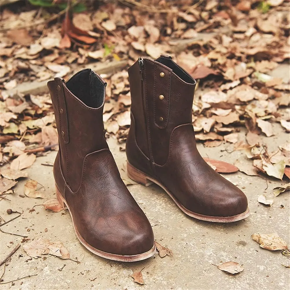JFISQ Low Chunky Heel Western Boots Round Toe Flats Platform Boots Wide Fit Walking Boots Womens Ankle Boots Fashion Ladies Shoes Waterproof Retro Cowboy Boots for Ladies Boots