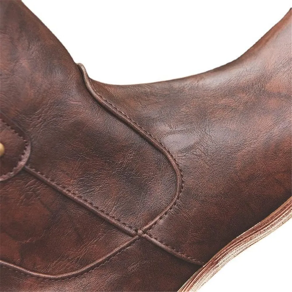 JFISQ Low Chunky Heel Western Boots Round Toe Flats Platform Boots Wide Fit Walking Boots Womens Ankle Boots Fashion Ladies Shoes Waterproof Retro Cowboy Boots for Ladies Boots