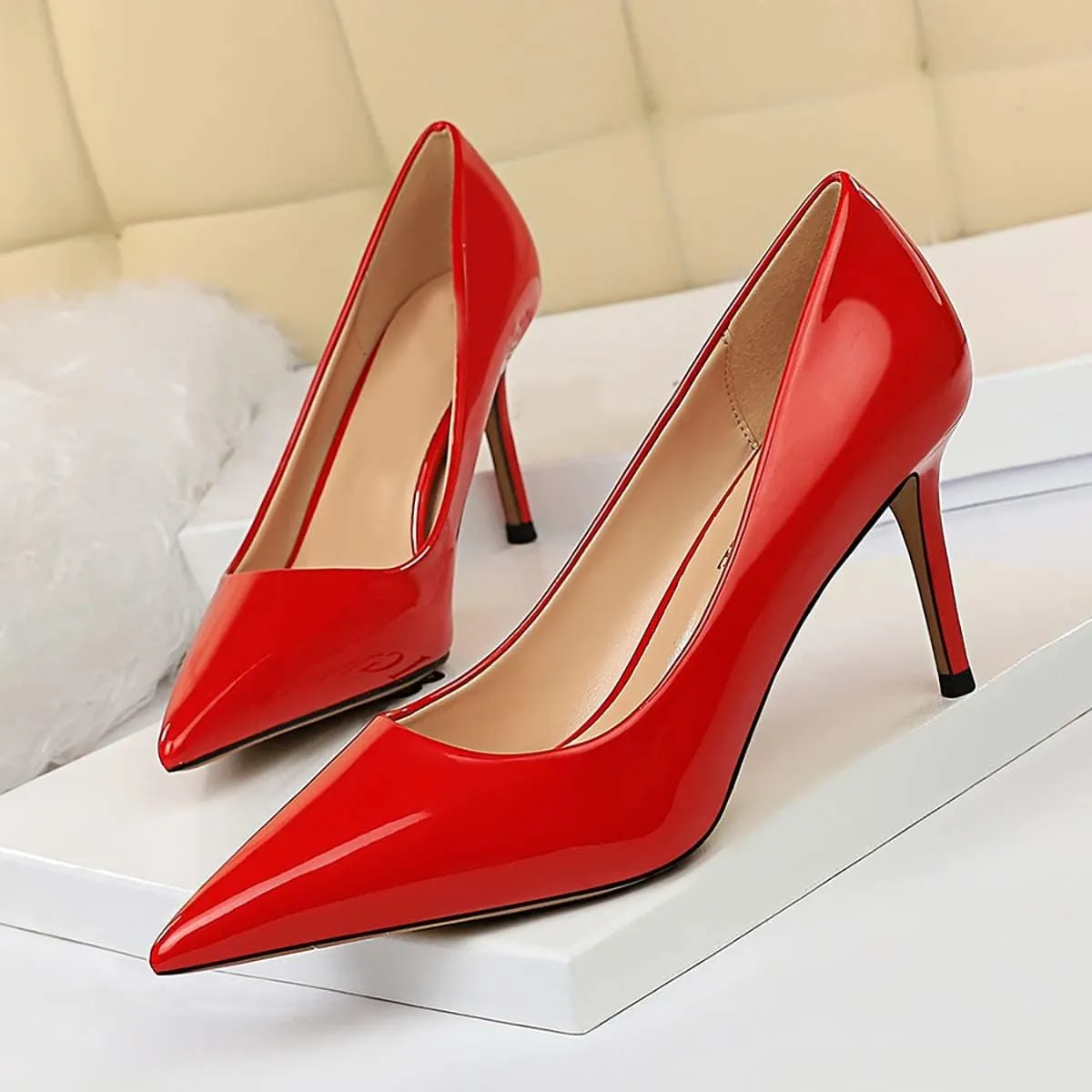 JOEupin Women's High Heel Slip on Pumps Pointed Toe Classic Fashion 3inch Party Stiletto Heels Dress Office Shoes 014