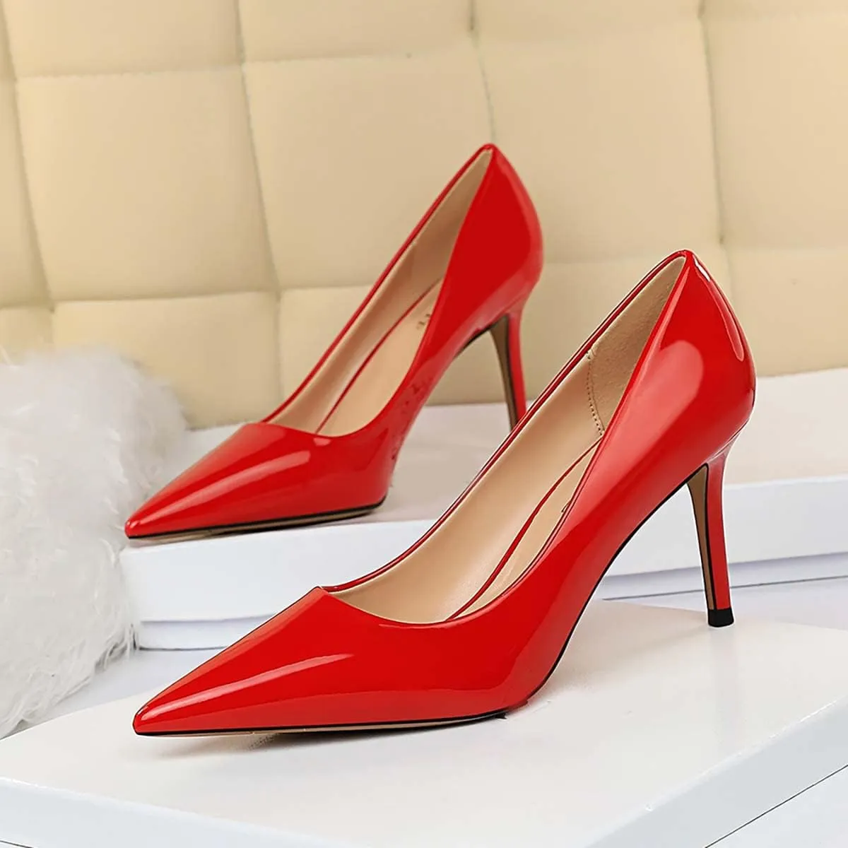 JOEupin Women's High Heel Slip on Pumps Pointed Toe Classic Fashion 3inch Party Stiletto Heels Dress Office Shoes 014