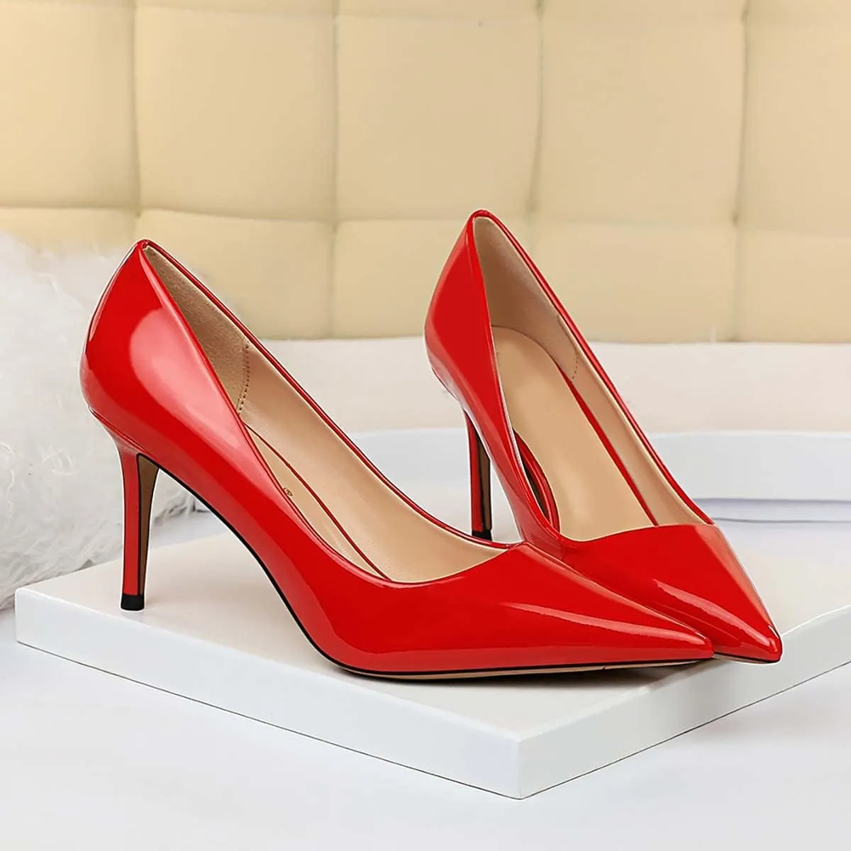 JOEupin Women's High Heel Slip on Pumps Pointed Toe Classic Fashion 3inch Party Stiletto Heels Dress Office Shoes 014