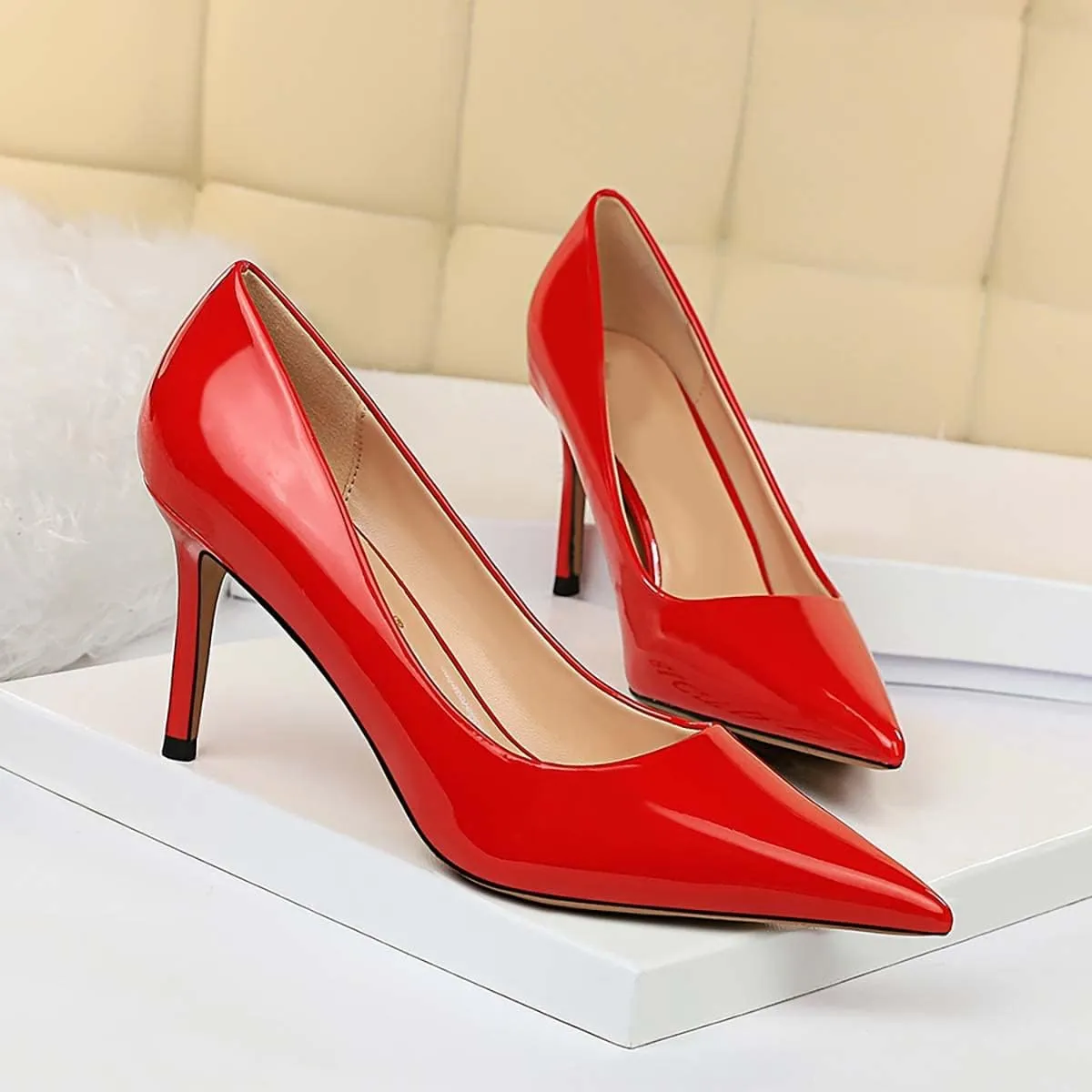 JOEupin Women's High Heel Slip on Pumps Pointed Toe Classic Fashion 3inch Party Stiletto Heels Dress Office Shoes 014