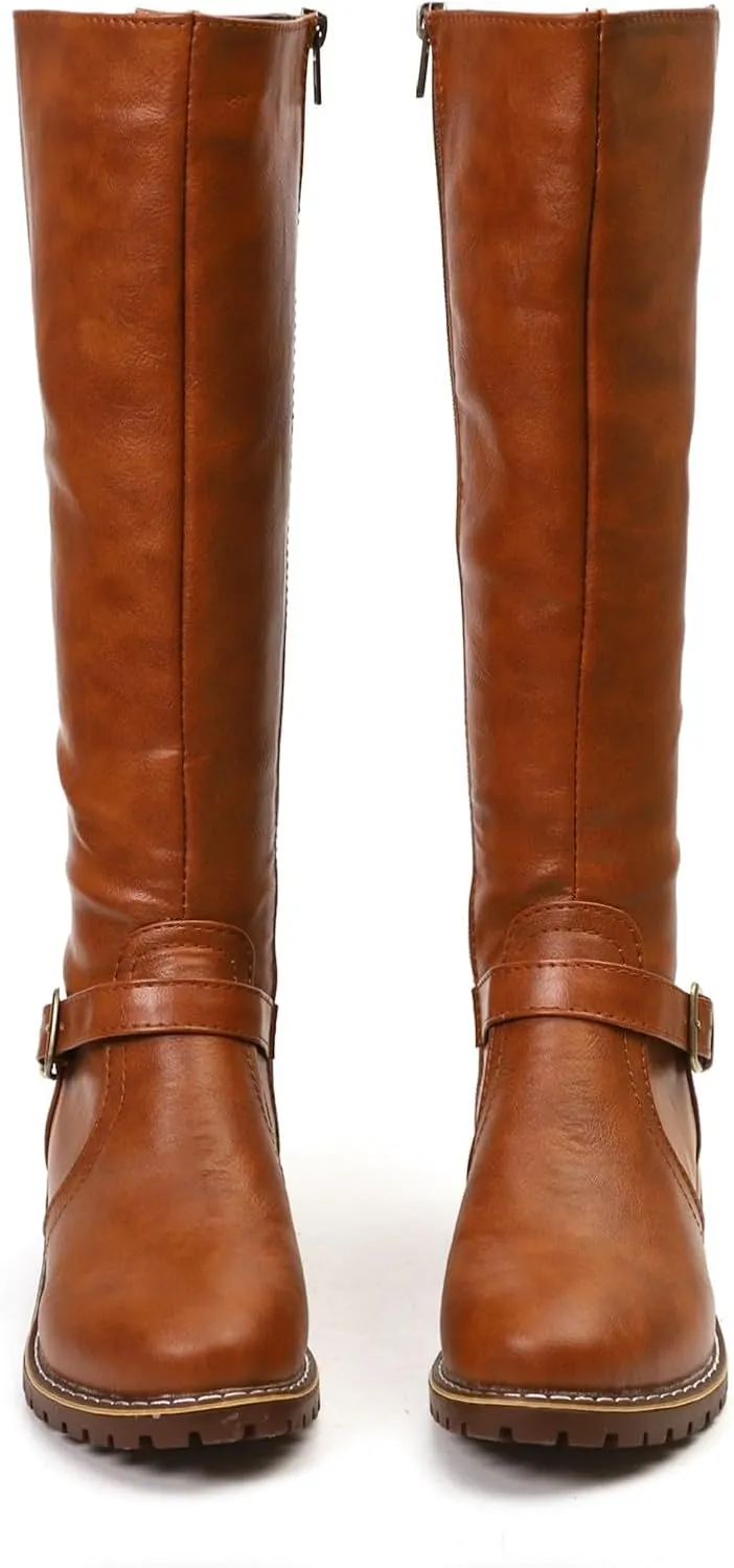Knee High Boots for Women Tall Boots Comfortable with Metal Buckle and Zipper Mid Calf Knee High Riding