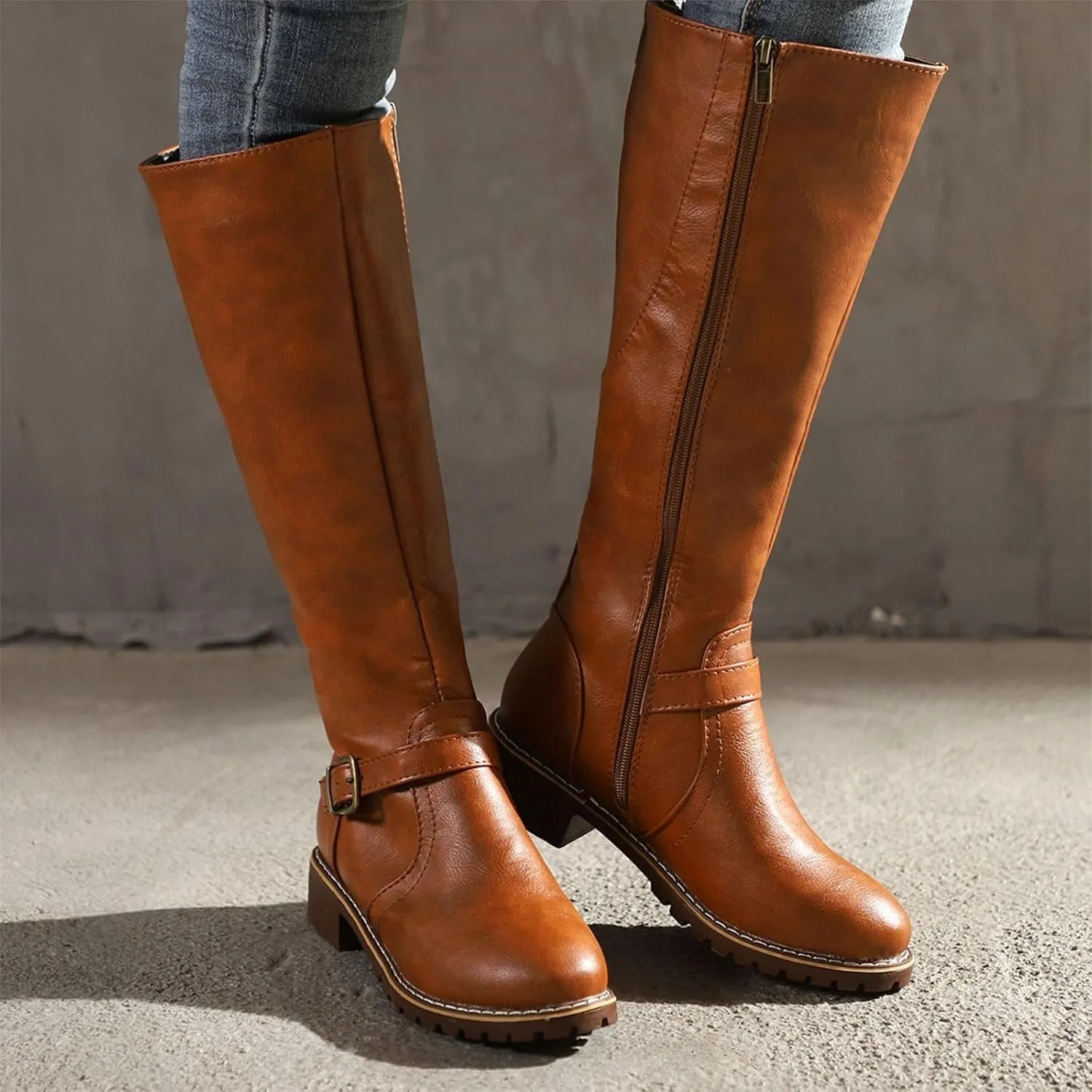 Knee High Boots for Women Tall Boots Comfortable with Metal Buckle and Zipper Mid Calf Knee High Riding